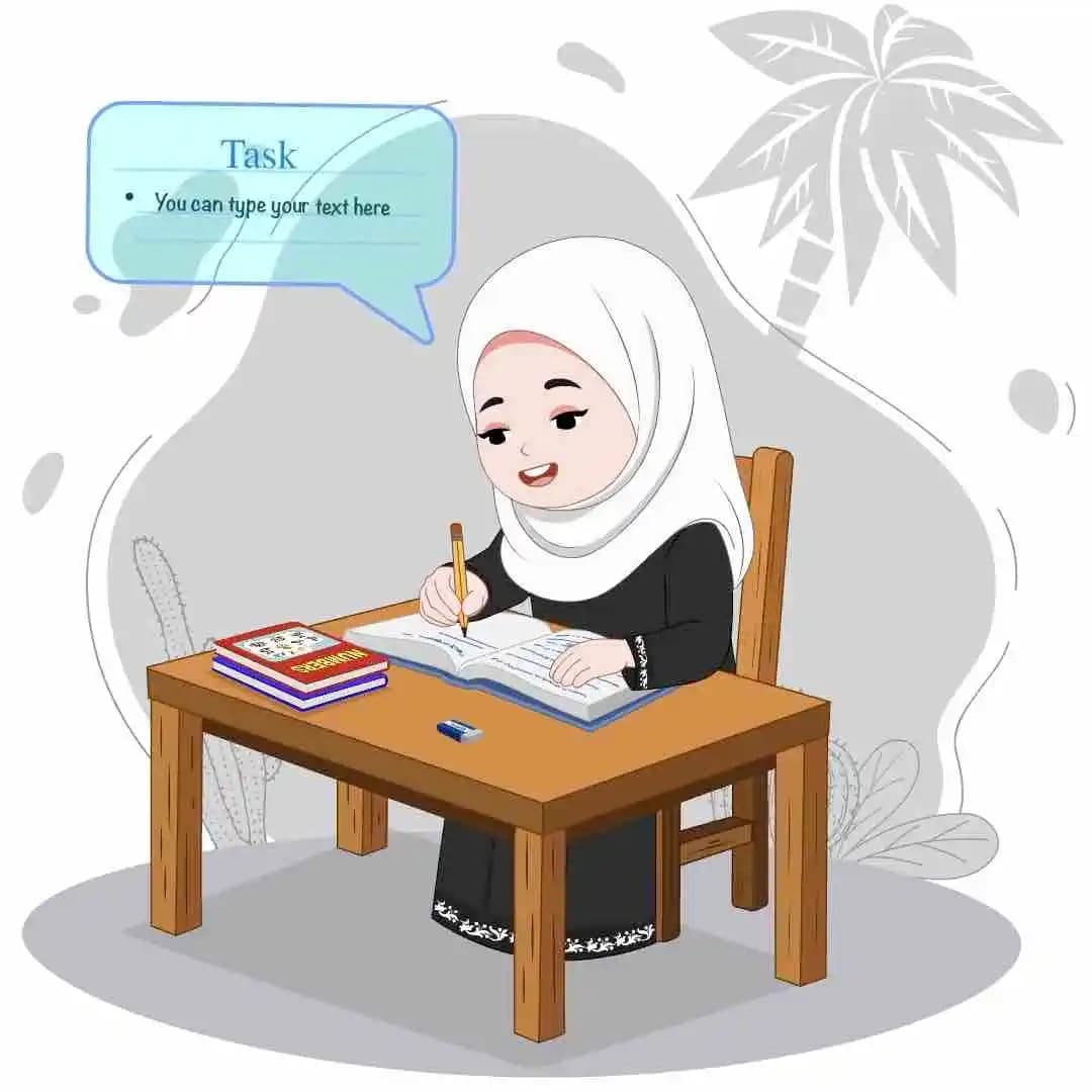 Muslim girl writing pose animated vector cartoon character AKA Mahnoor