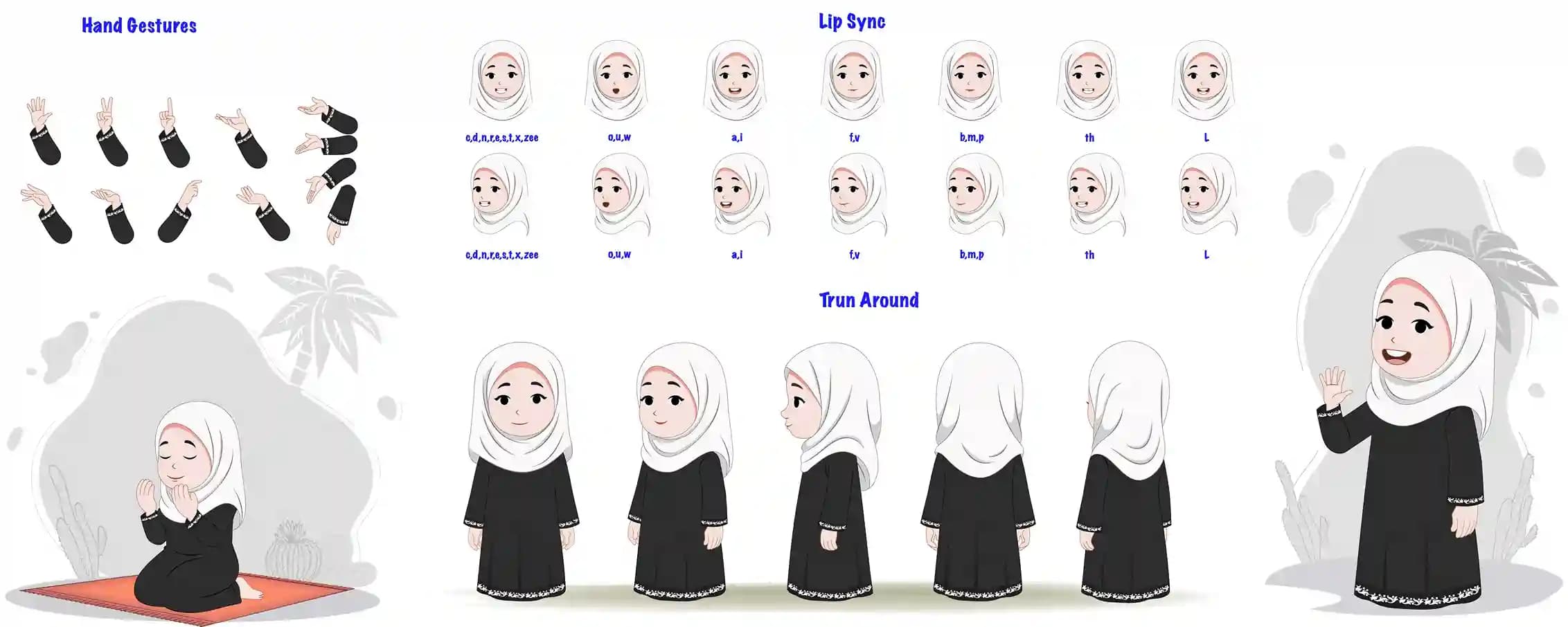 little muslim girl wearing black dress character animated vector cartoon design set for animation AKA Mahnoor