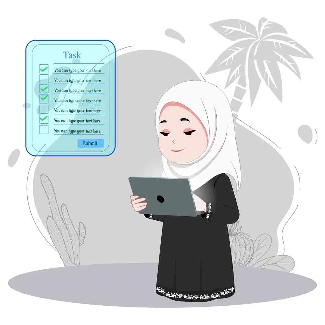 Arab girl using tablet with graphic animated vector cartoon character AKA Mahnoor