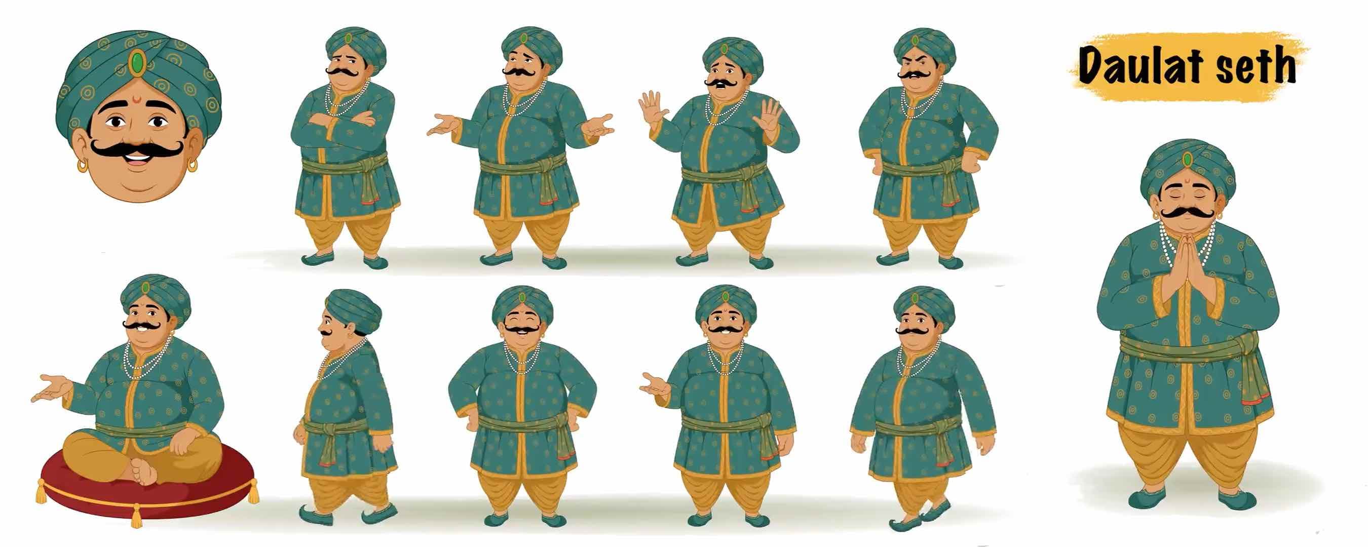 Traditional Indian royal man animated vector model sheet cartoon character AKA Daulat Seth