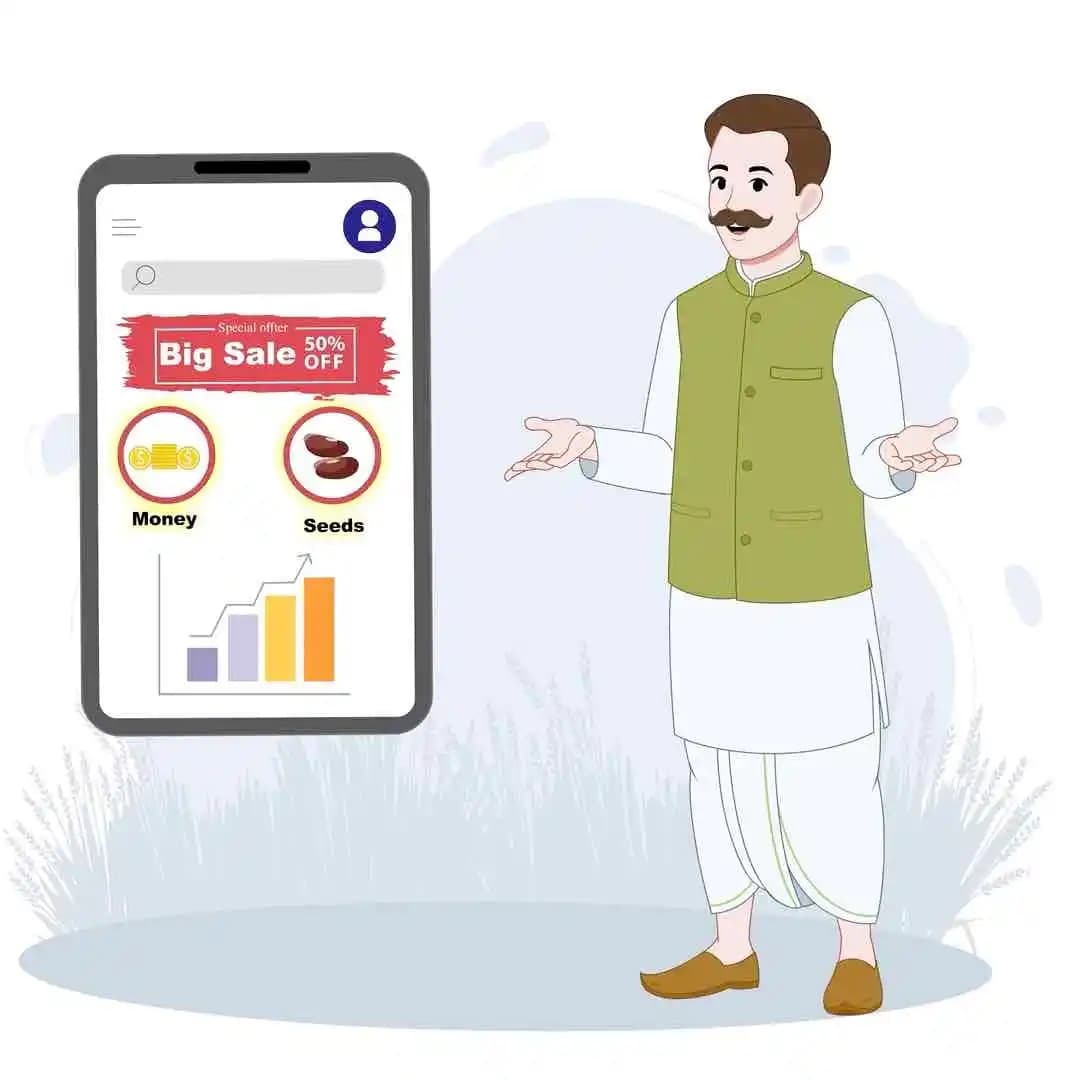Indian Man presenting digital seed sales animated vector cartoon character AKA Sundar Paal