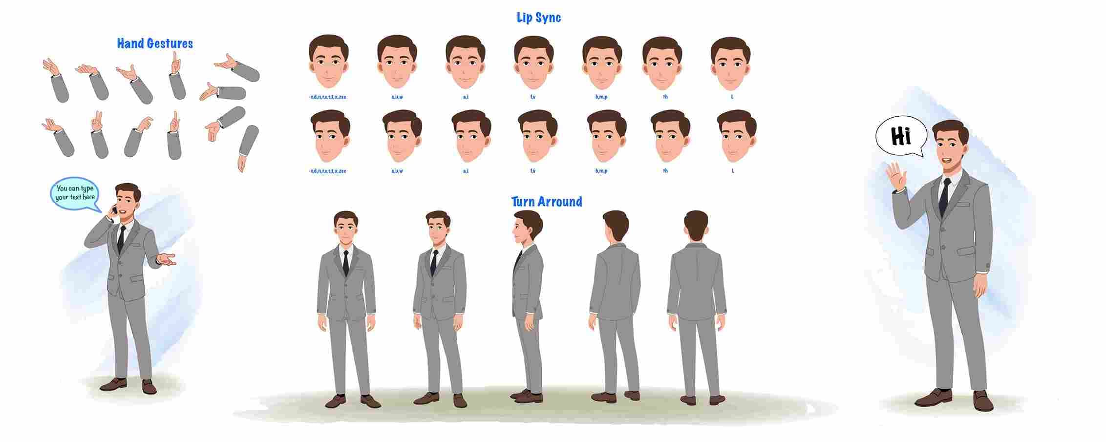 Cartoon infographic character bundle vector businessman model sheet for animation AKA james