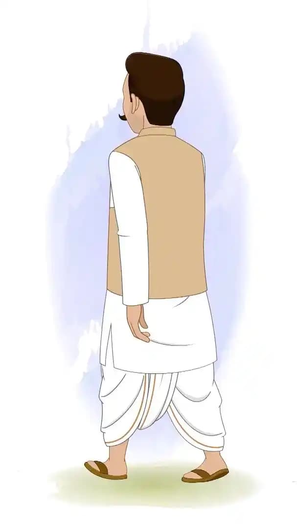 Traditional man walking in back third view animated vector cartoon character AKA Devi Lal