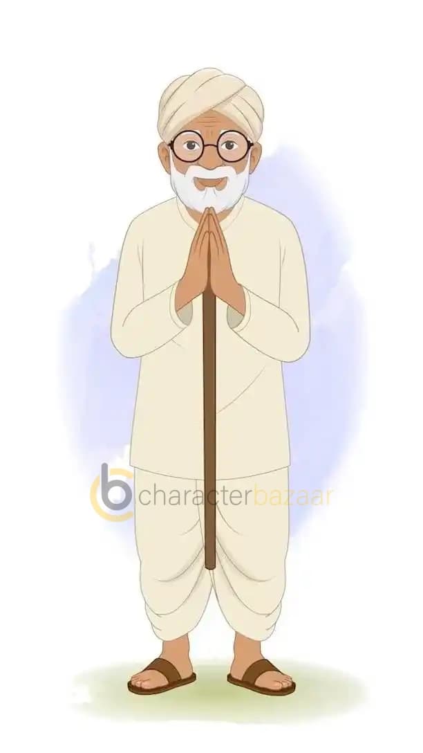 Cartoon vector old Indian village man animated greeting pose AKA Makhan Lal