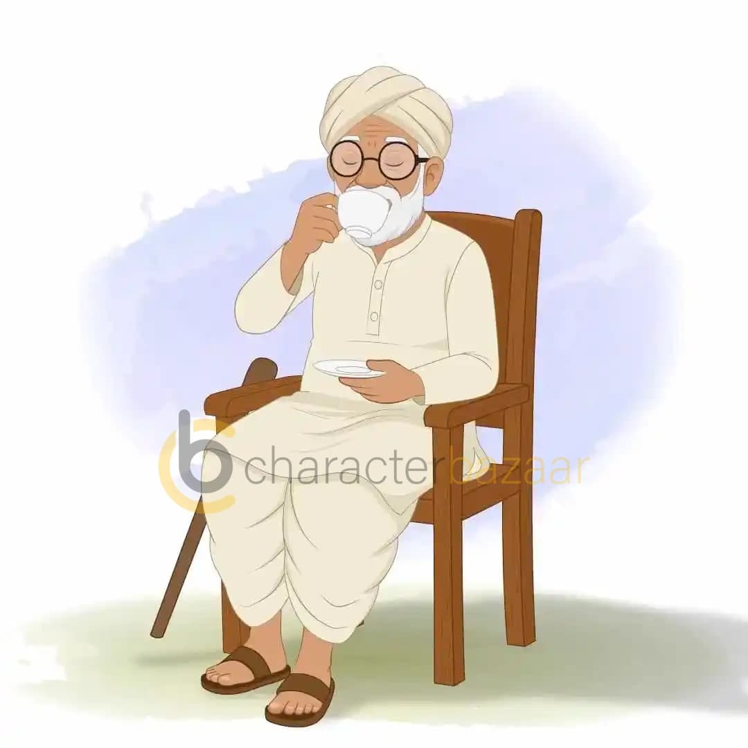 Village character old Indian man vector drinking tea animated pose AKA Makhan Lal