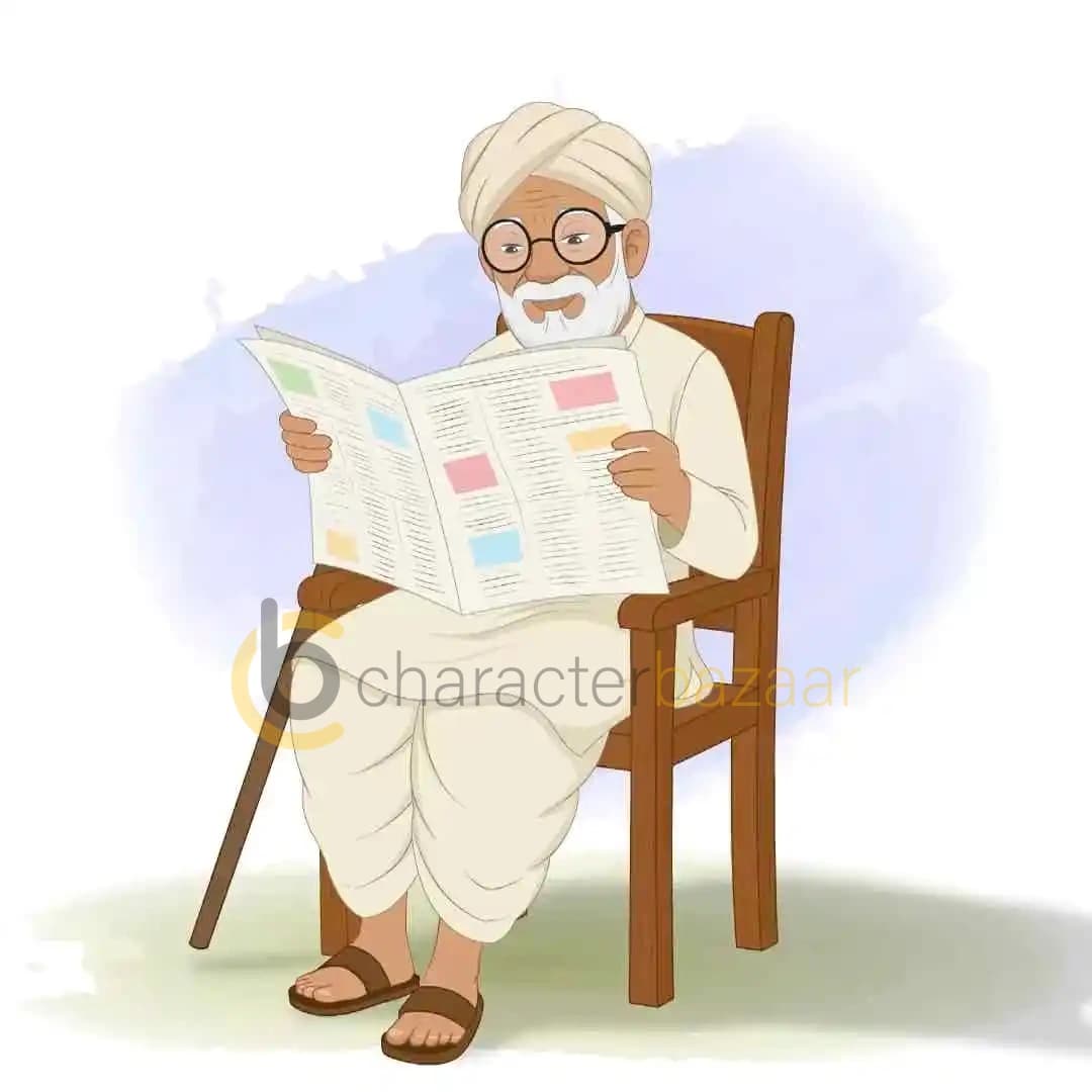 Cartoon grandfather character reading newspaper animated vector AKA Makhan Lal