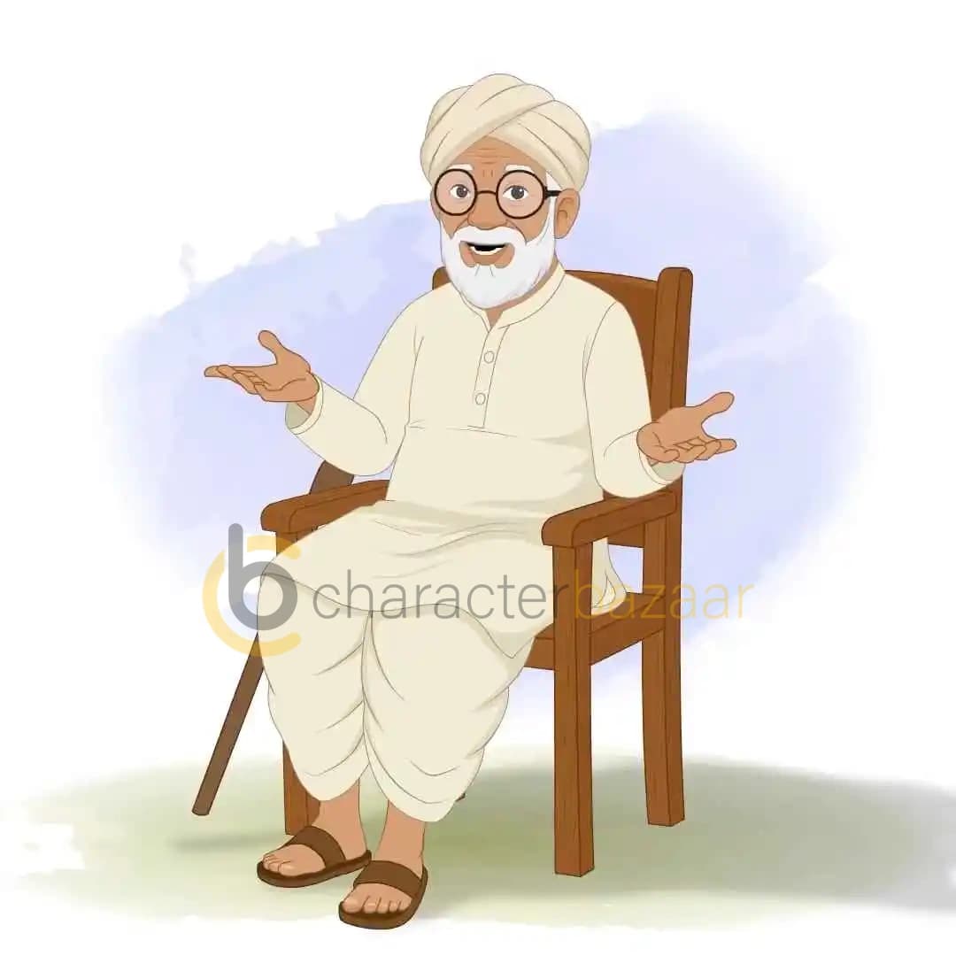Old Indian village man sitting on chair & talking animated cartoon pose AKA Makhan Lal