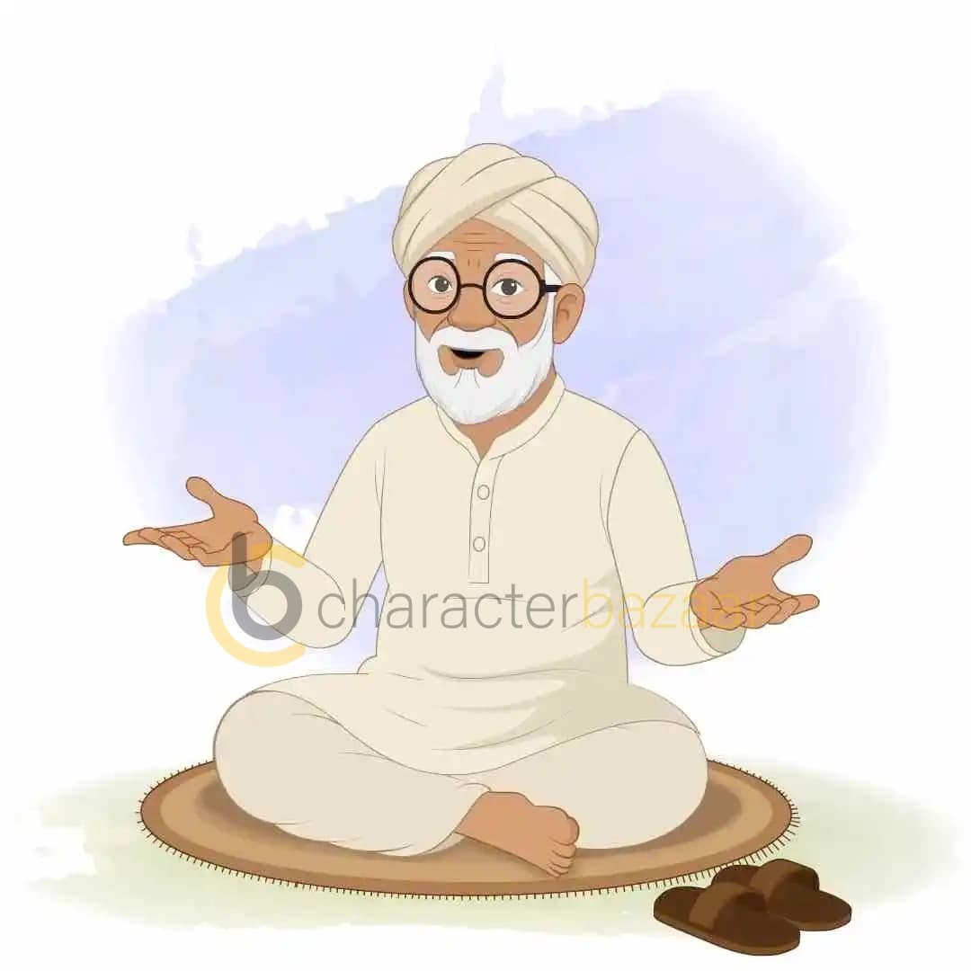 Animated vector old Indian male sitting and talking cartoon character AKA Makhan Lal