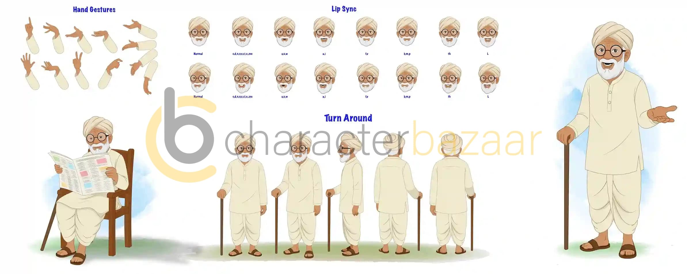 Indian cartoon vector grandfather character model sheet illustration for animation AKA Makhan Lal