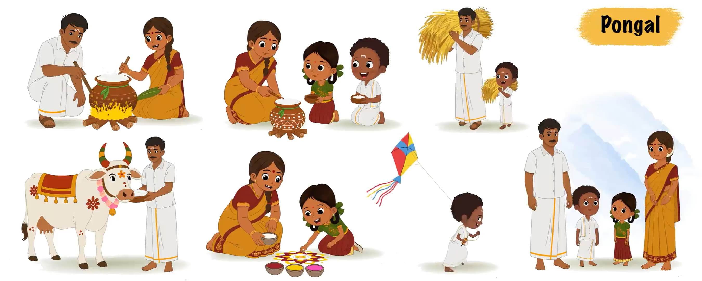 Cartoon South Indian Family Celebrating Pongal animated modelsheet vector character