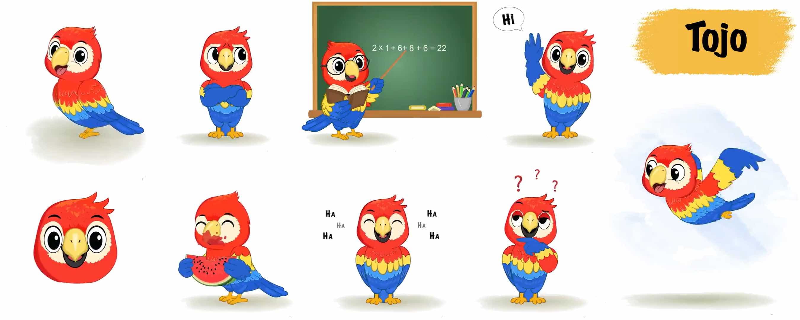 Animated Bird macaw cartoon vector character model sheet AKA Tojo