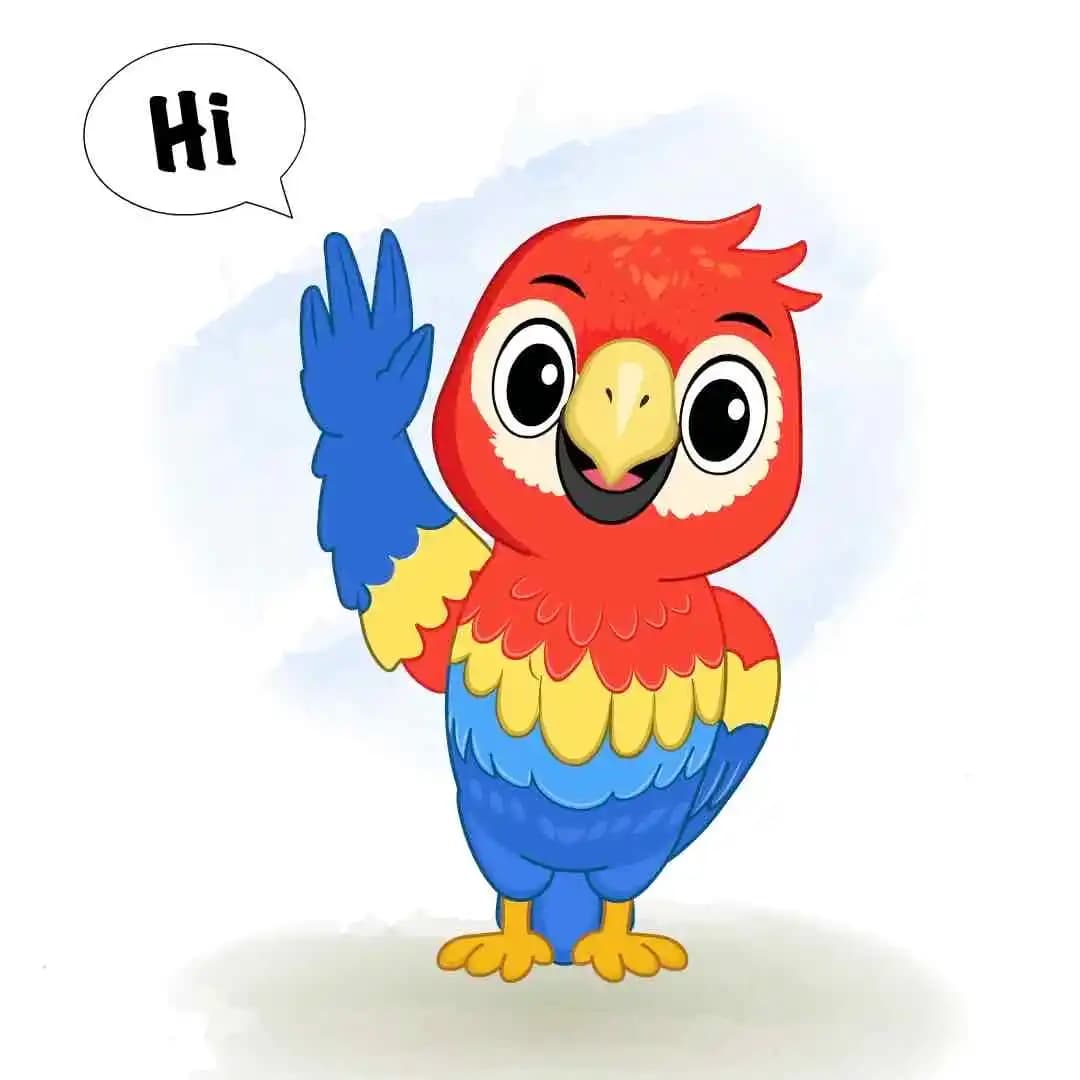 Parrot cartoon waving hand vector character AKA Tojo