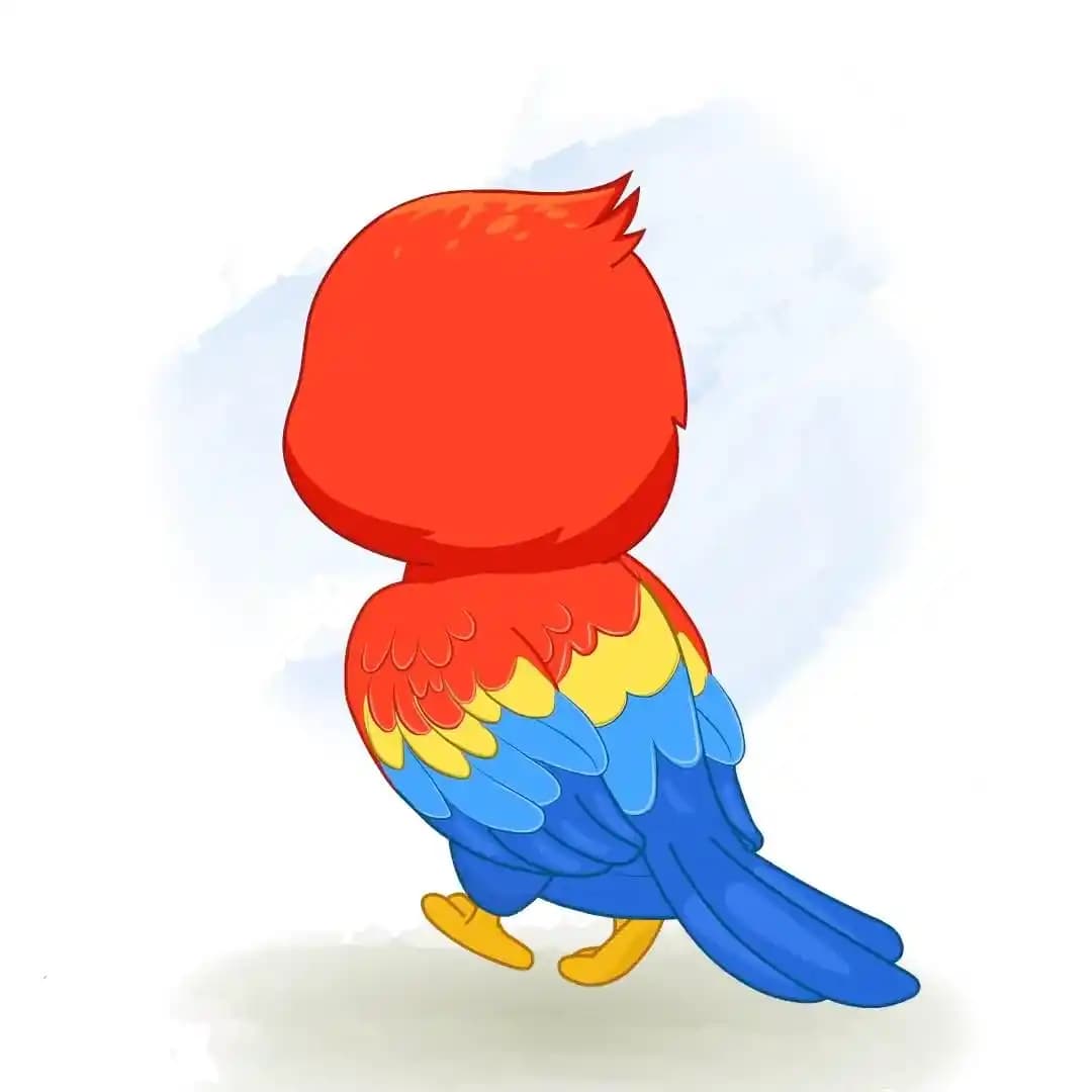 Cute parrot cartoon walking in back third view animated vector AKA Tojo