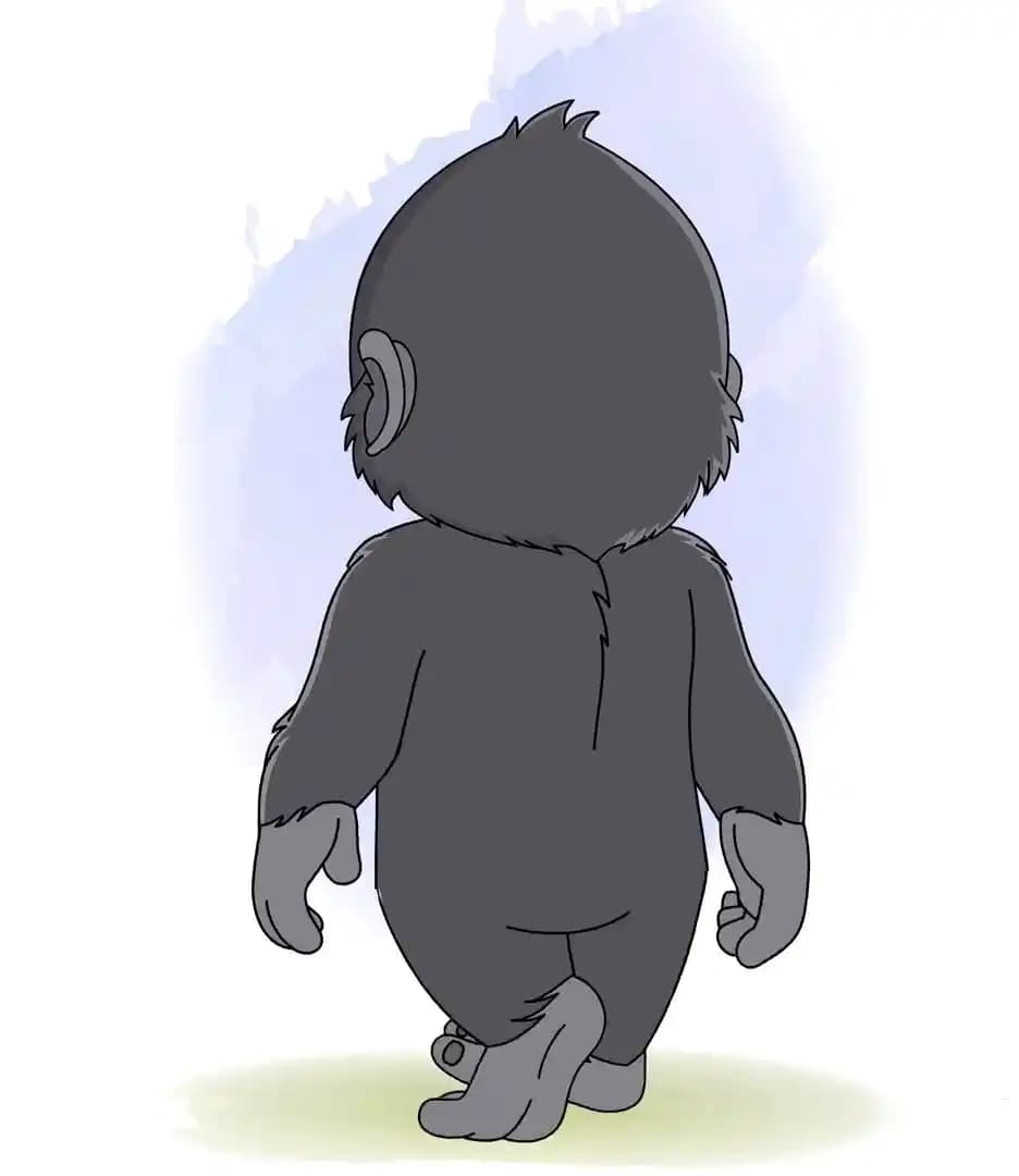 Baby gorilla cartoon walking in back third view animated character AKA Soku The Gorilla