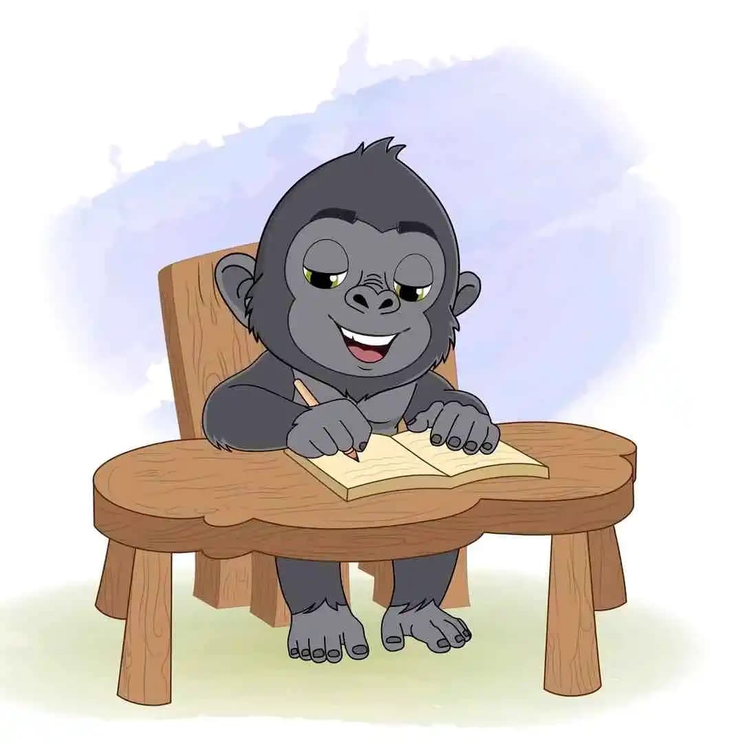 Animated character cartoon gorilla writing pose AKA Soku The Gorilla