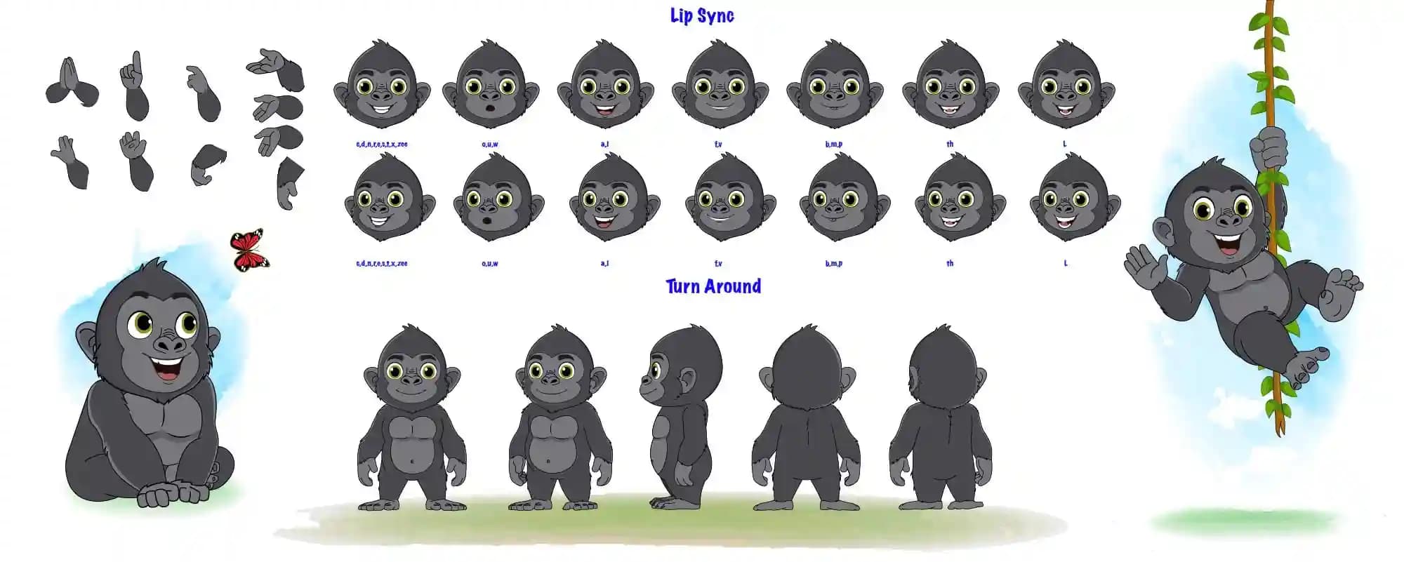 Vector character Cute Gorilla Cartoon Character bundle & model sheet set for animation AKA Soku The Gorilla