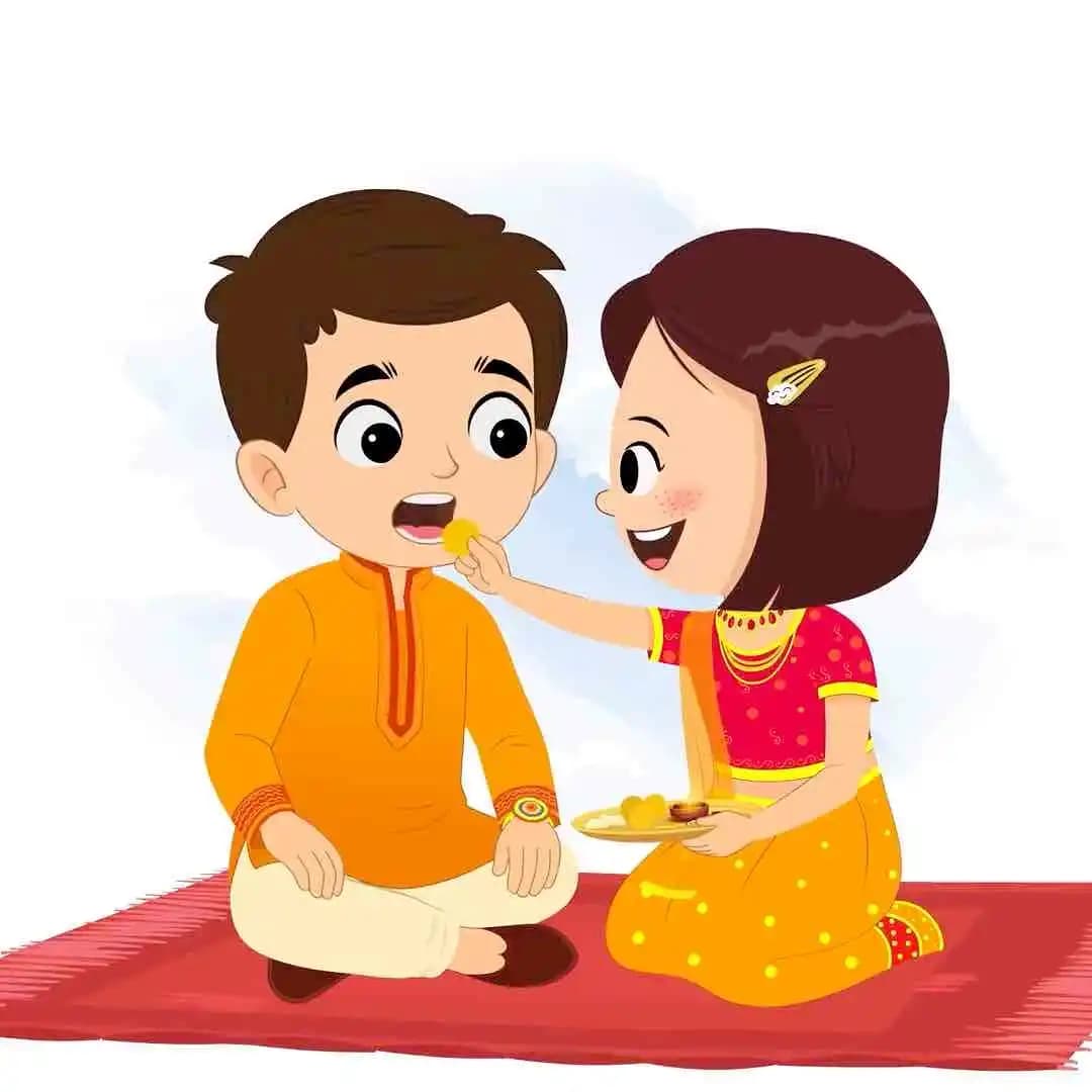 Siblings cartoon animated character eating sweets celebrating raksha bandhan