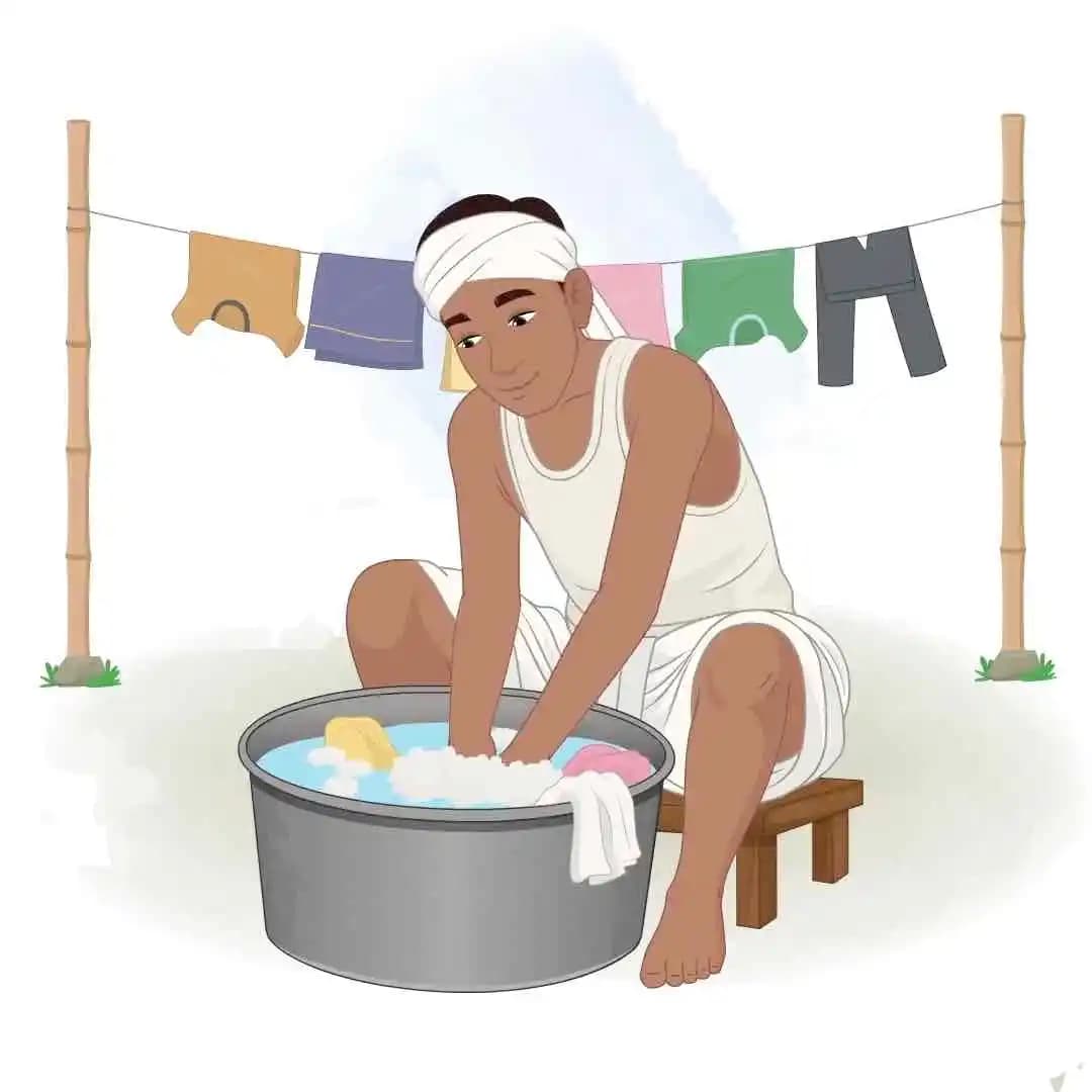 Indian man dhobi cartoon washing clothes in tub animated character AKA Shamu
