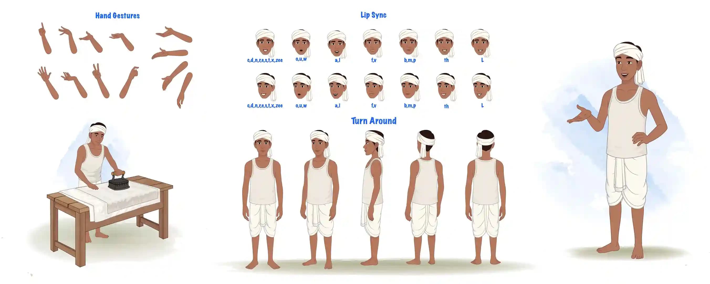 Dhobi cartoon rural vector model sheet & turn around set AKA Shamu