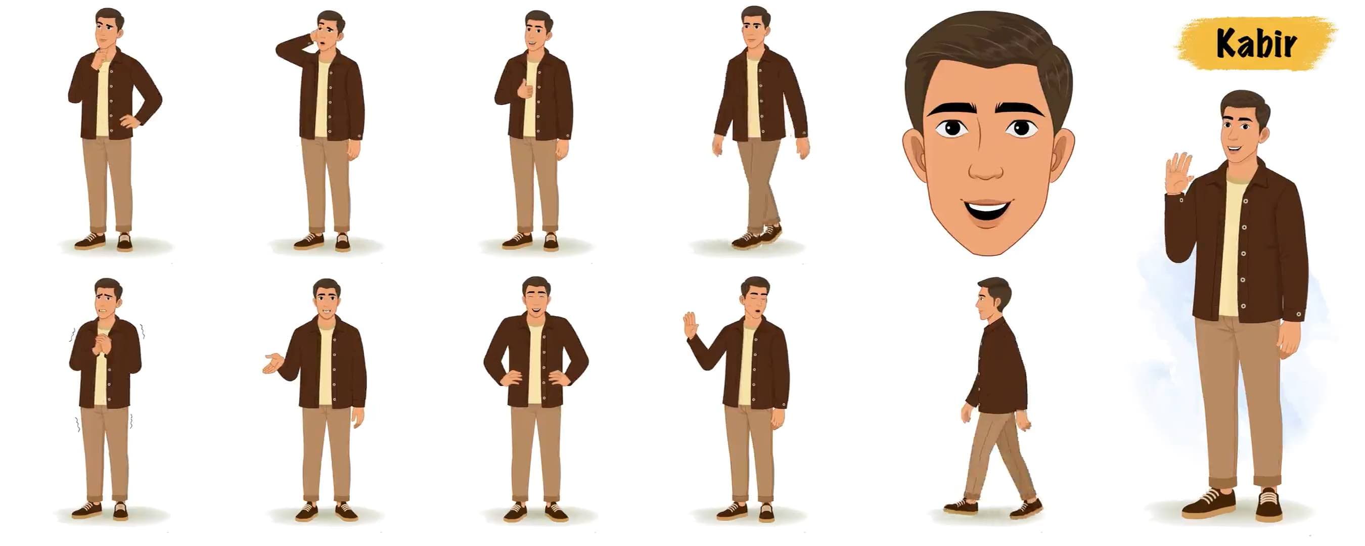 Simple cartoon casual man Animated character model sheet AKA Kabir