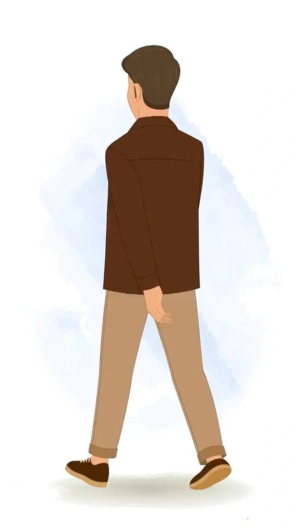 2d Man cheerful cartoon vector character walking in back third view animation AKA Kabir