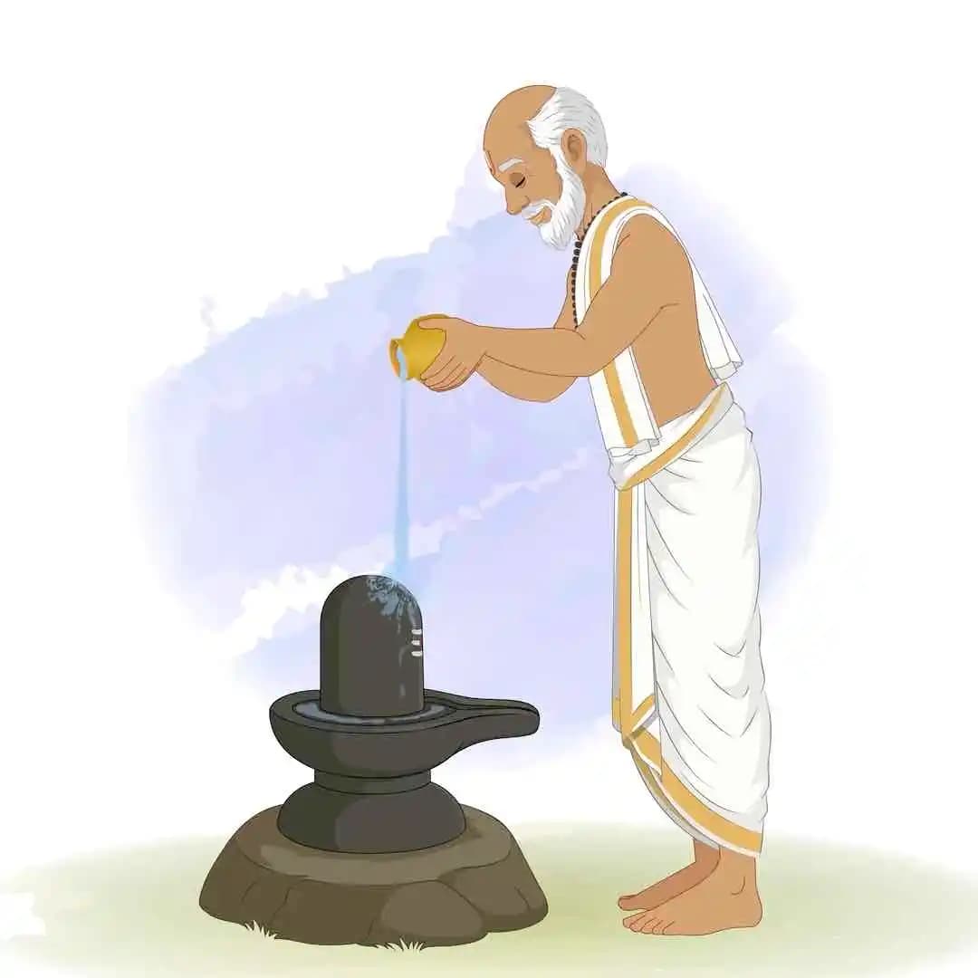 Old man cartoon Indian character performing ritual to shiva lingam AKA Hari Das