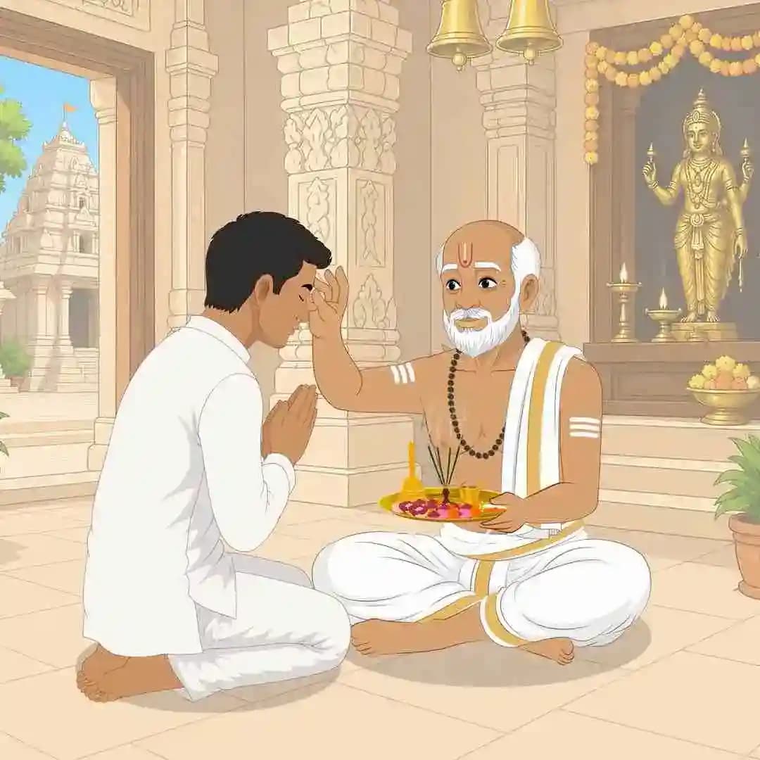 Cartoon pandit Indian character doing tilak ceremony animated vector AKA Hari Das