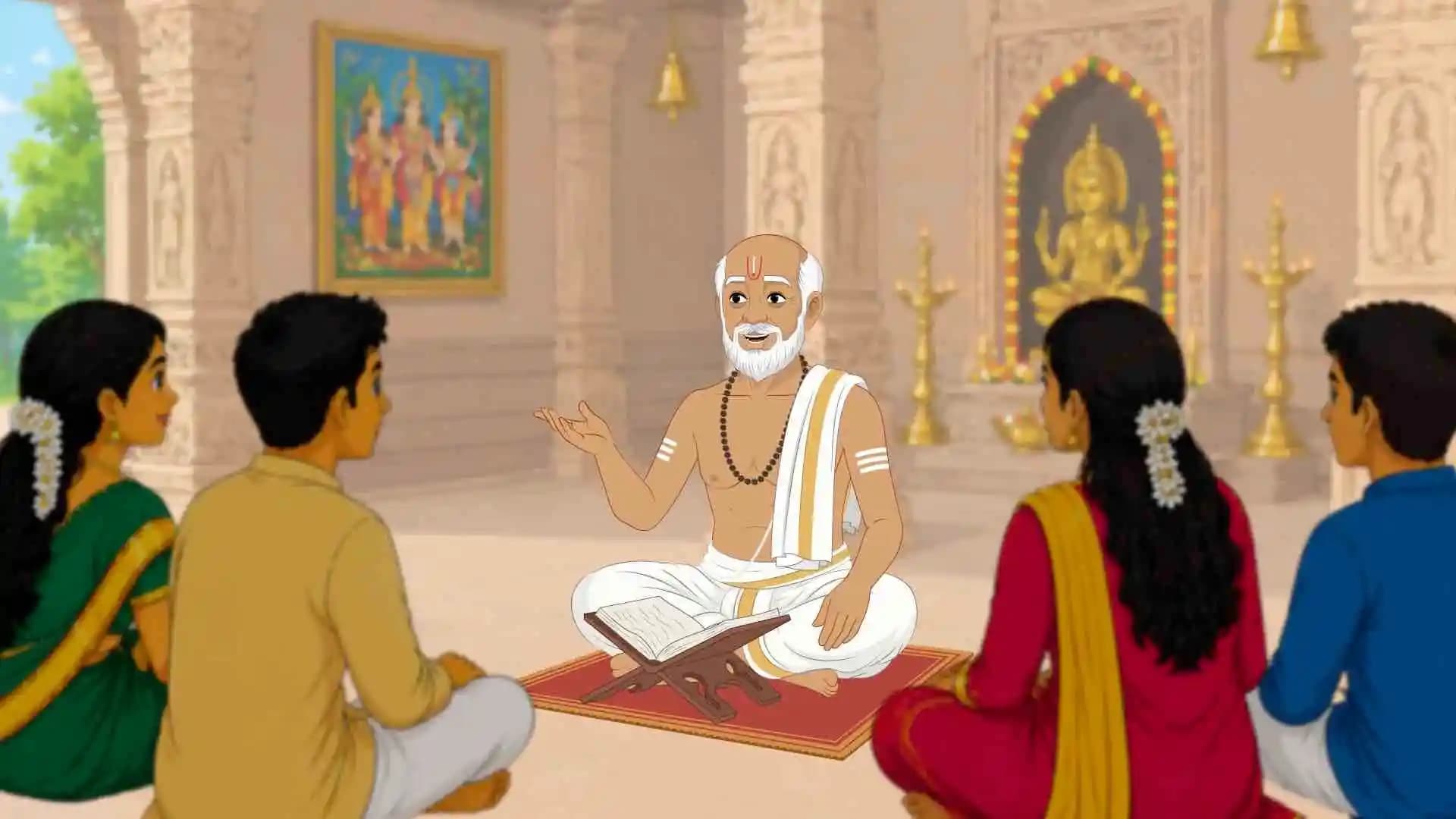 Old man cartoon hindu pandit animated character doing katha & pooja AKA Hari Das
