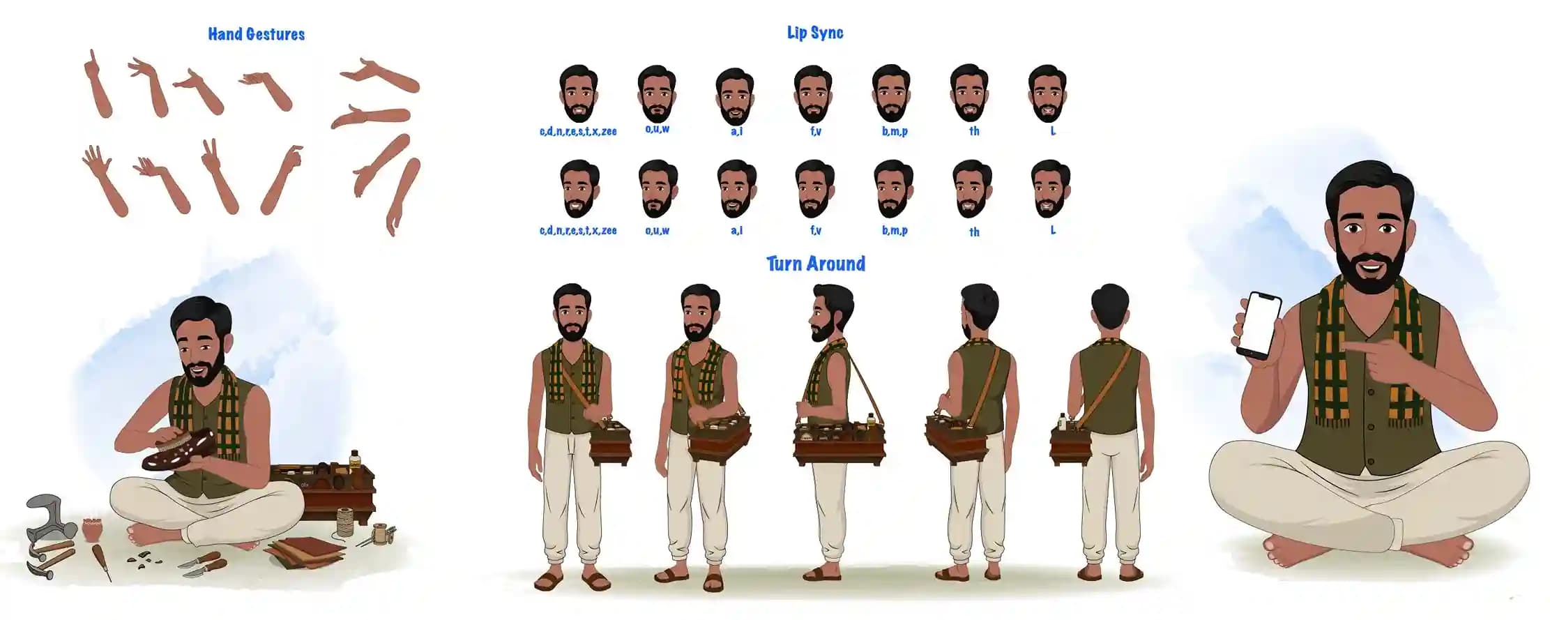 Indian cartoon man poor character shoemaker vector design set for animation AKA Raghu
