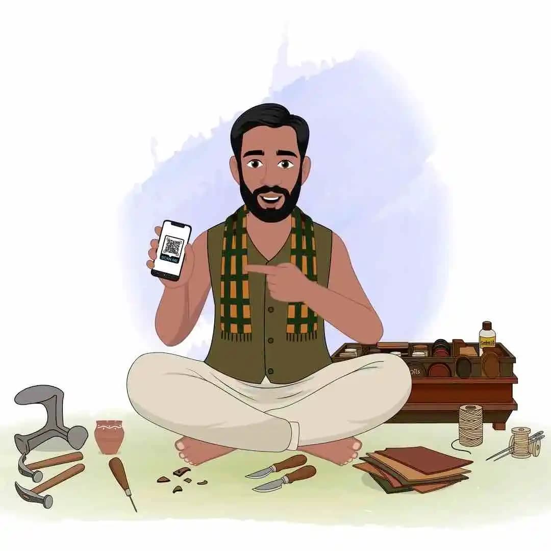 Indian characters cartoon cobbler Showing QR Code Payment on Smartphone animation vector AKA Raghu