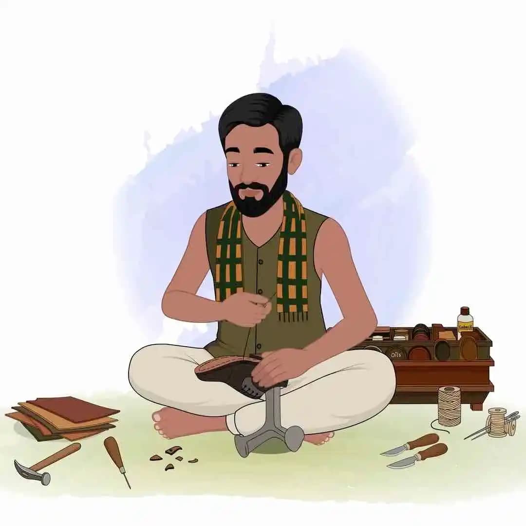 Cartoon man poor character stitching shoe vector AKA Raghu