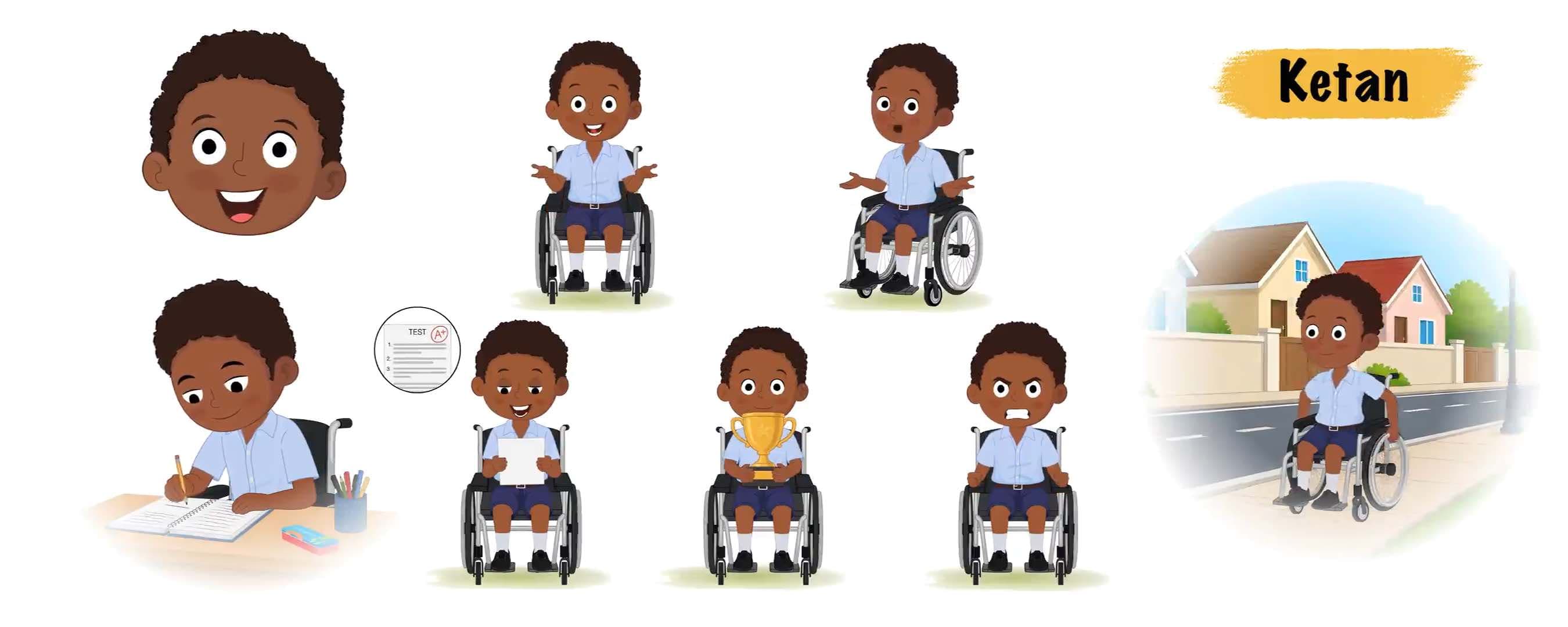 Child cartoon disabled characters animated boy in wheelchair model sheet AKA Ketan