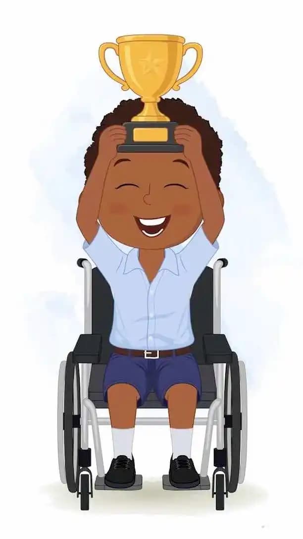 Animated boy in wheelchair celebrating pose cartoon character AKA Ketan