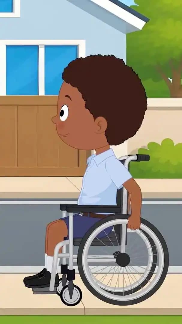 Child cartoon disabled characters walking through wheelchair in side view animation vector AKA Ketan