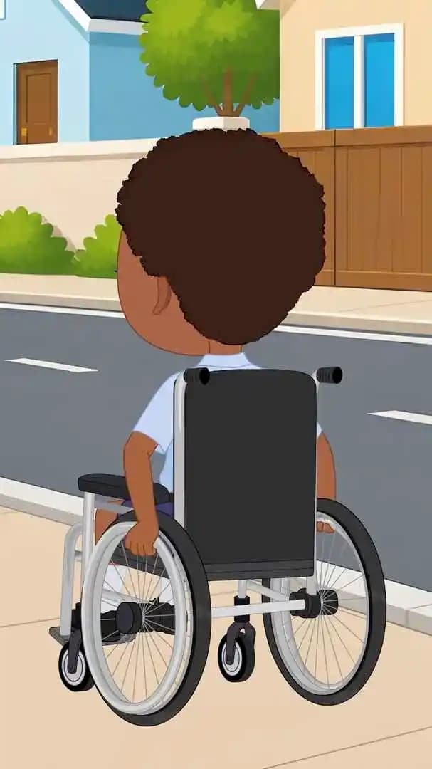 Animated kid disabled characters walking with wheelchair in back third view vector AKA Ketan