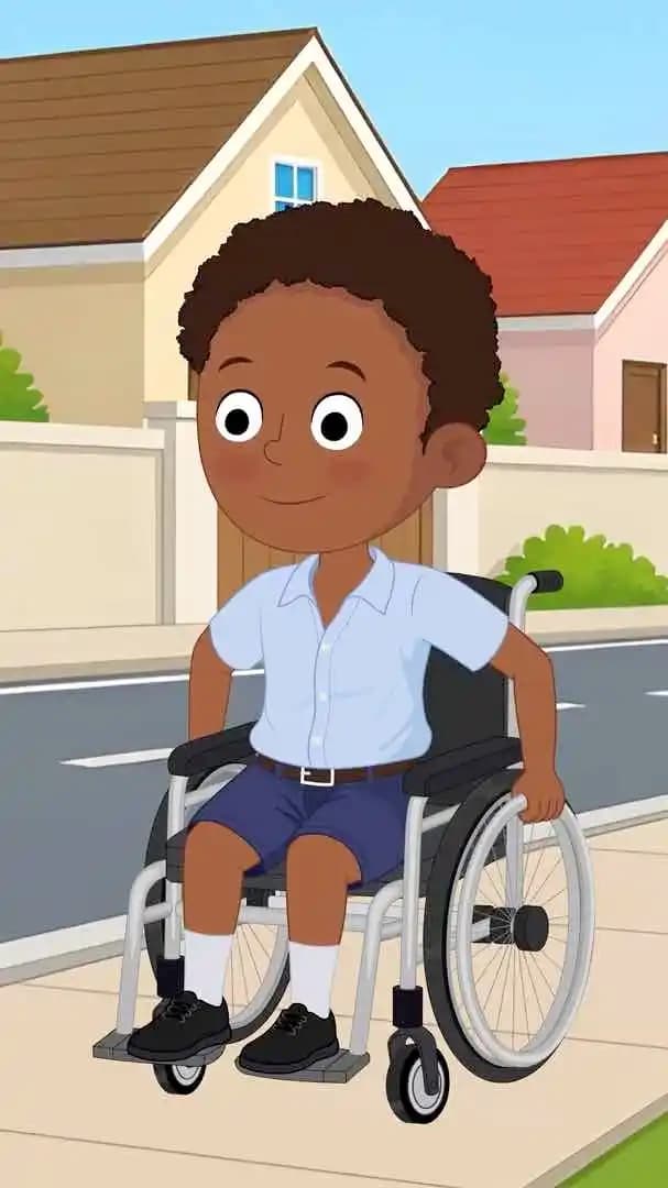Animated cartoon paralyzed school boy walking through wheelchair vector character AKA Ketan