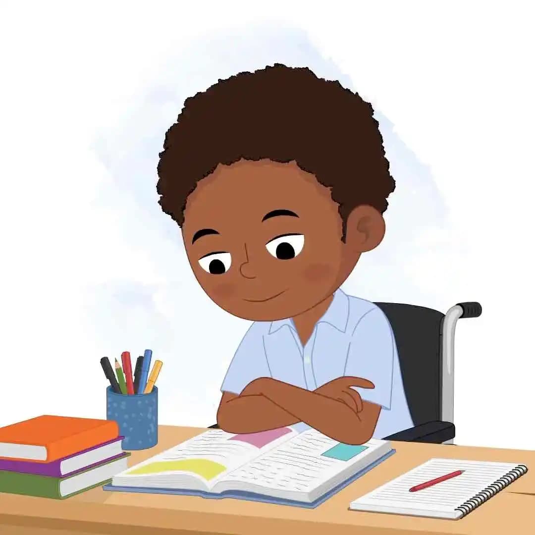 Black kid cartoon disabled characters animated vector doing study AKA Ketan