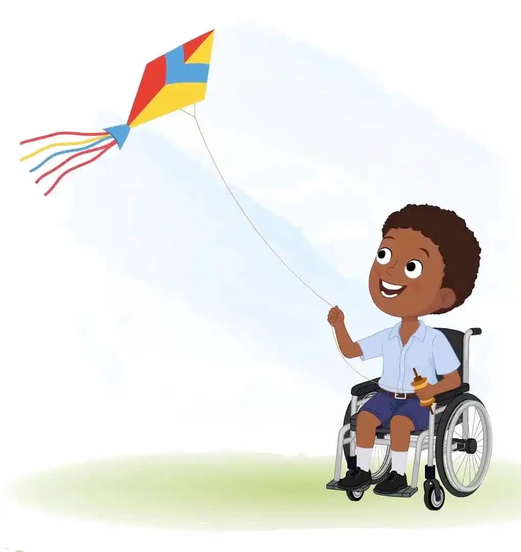 Animated child disabled cartoon characters in wheelchair flying kite AKA Ketan