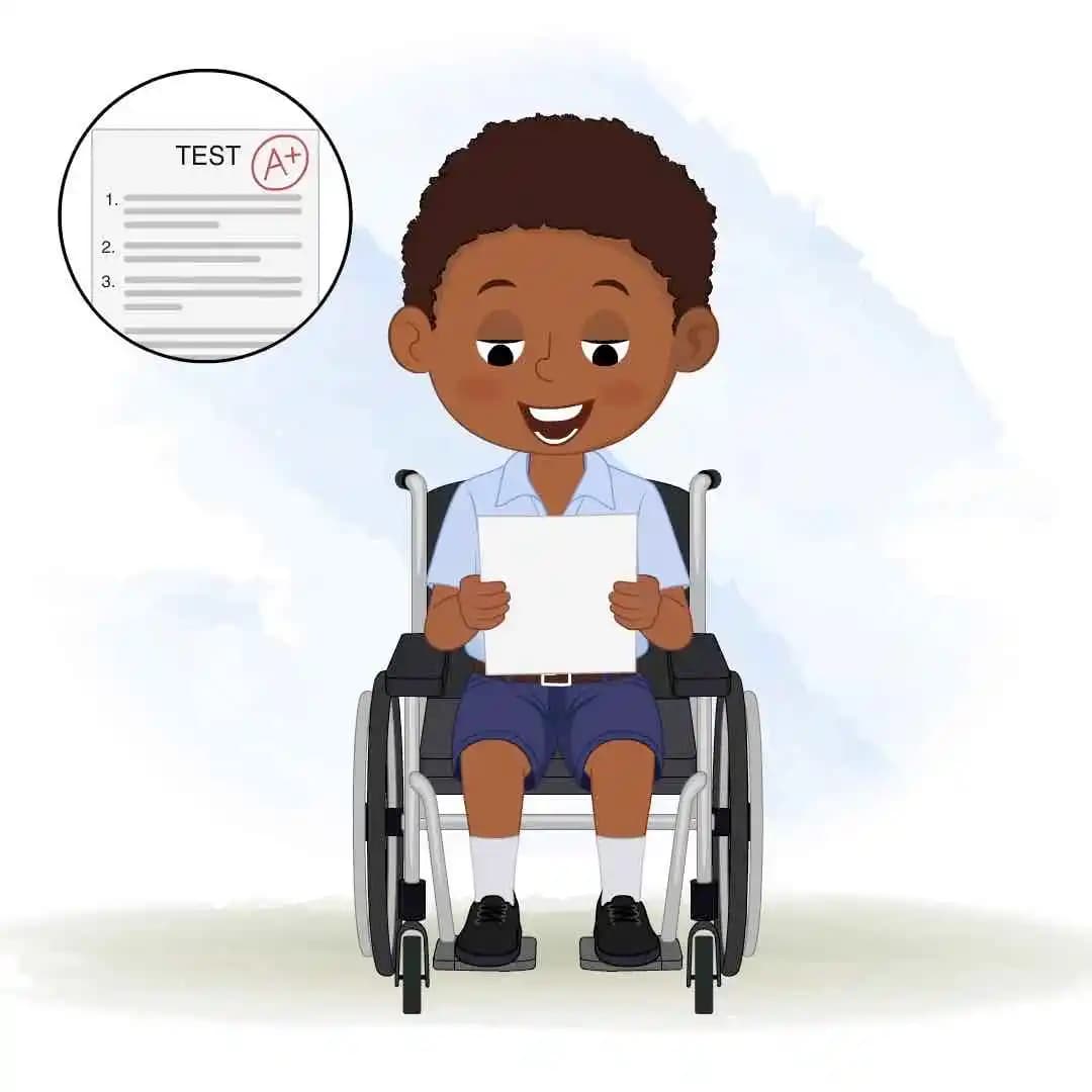 school boy cartoon in wheelchair disabled vector happy pose animated character AKA ketan