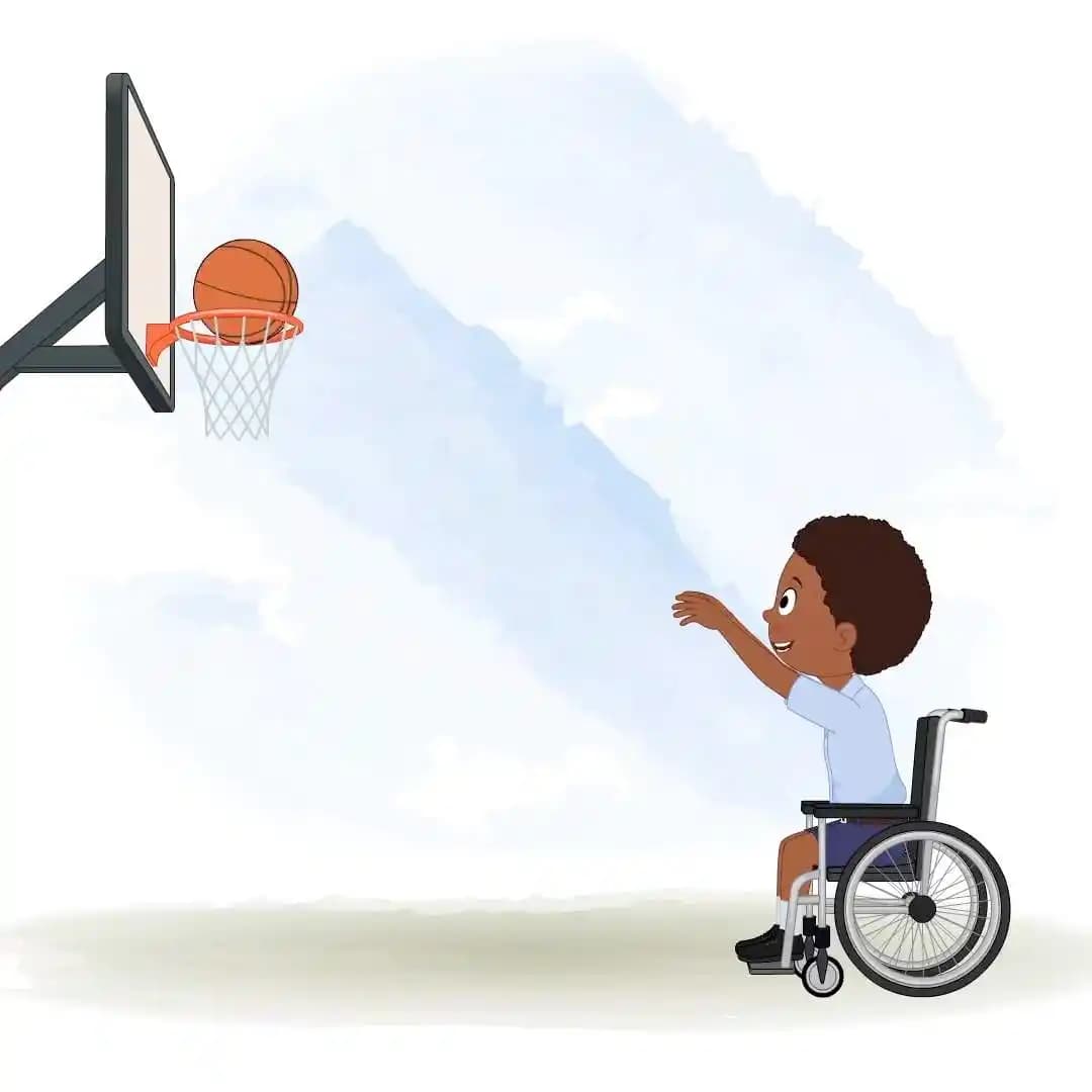 Child vector handicap cartoon characters in wheelchair playing basketball AKA ketan