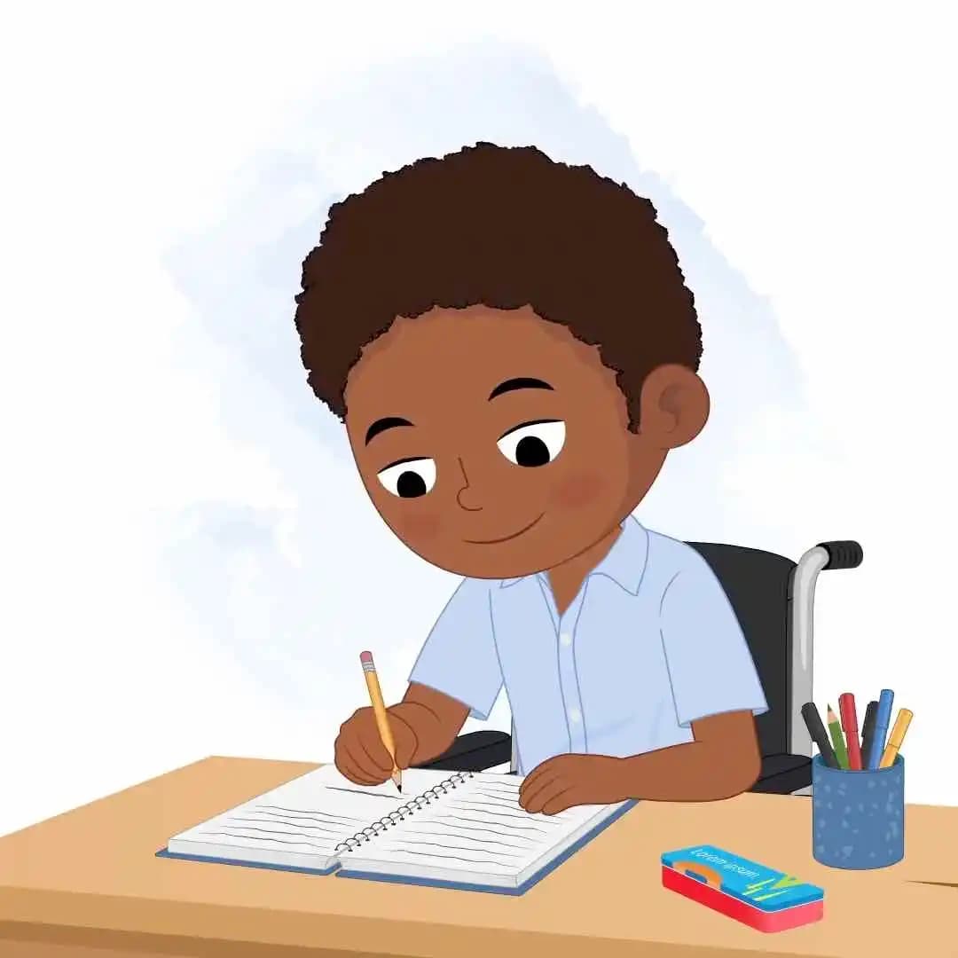 Handicap cartoon characters animated kid writing pose vector AKA ketan