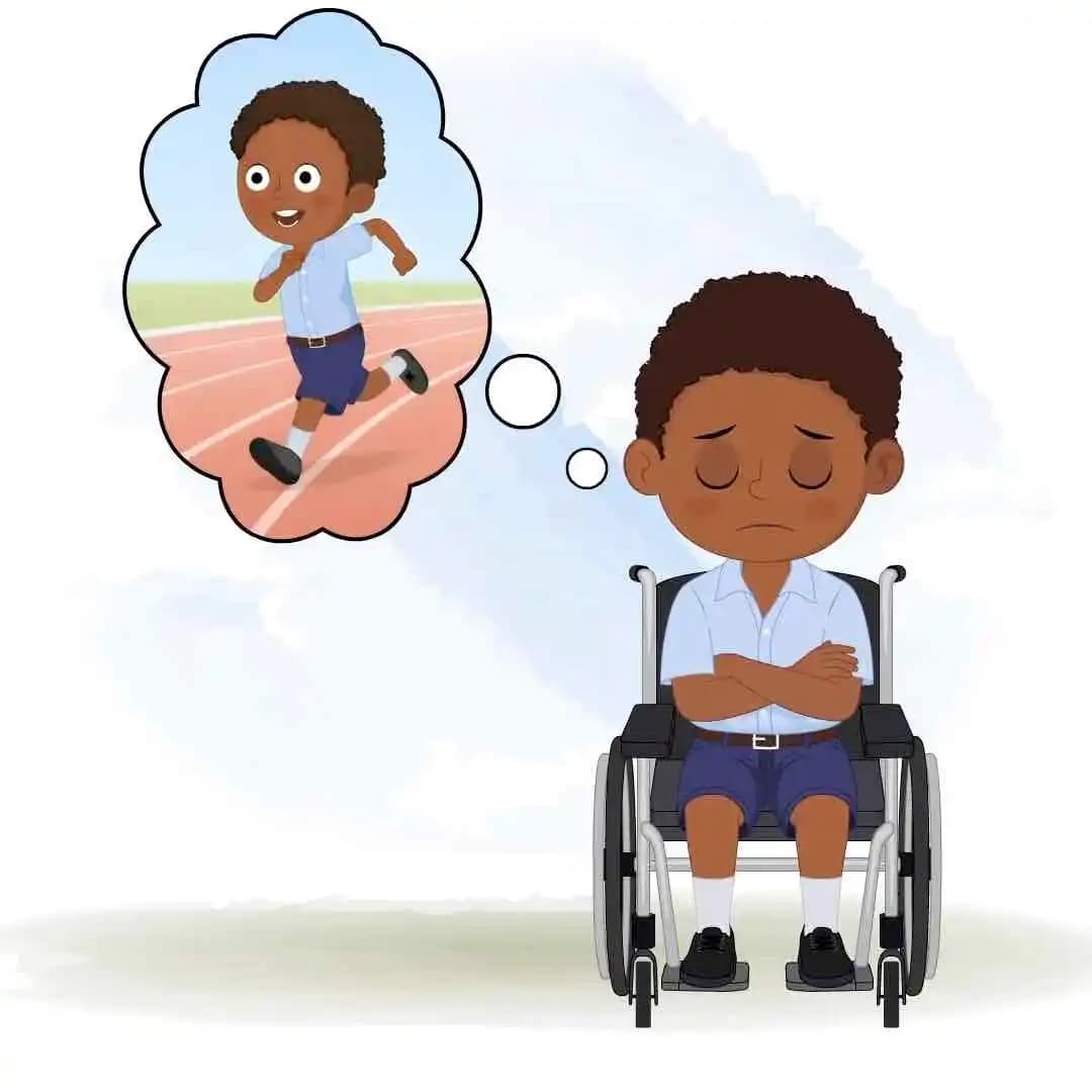 Handicap cartoon characters animated boy in wheelchair sad pose AKA Ketan