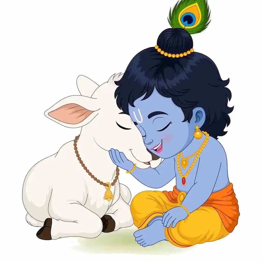 Bal krishna god character sitting with calf animated vector