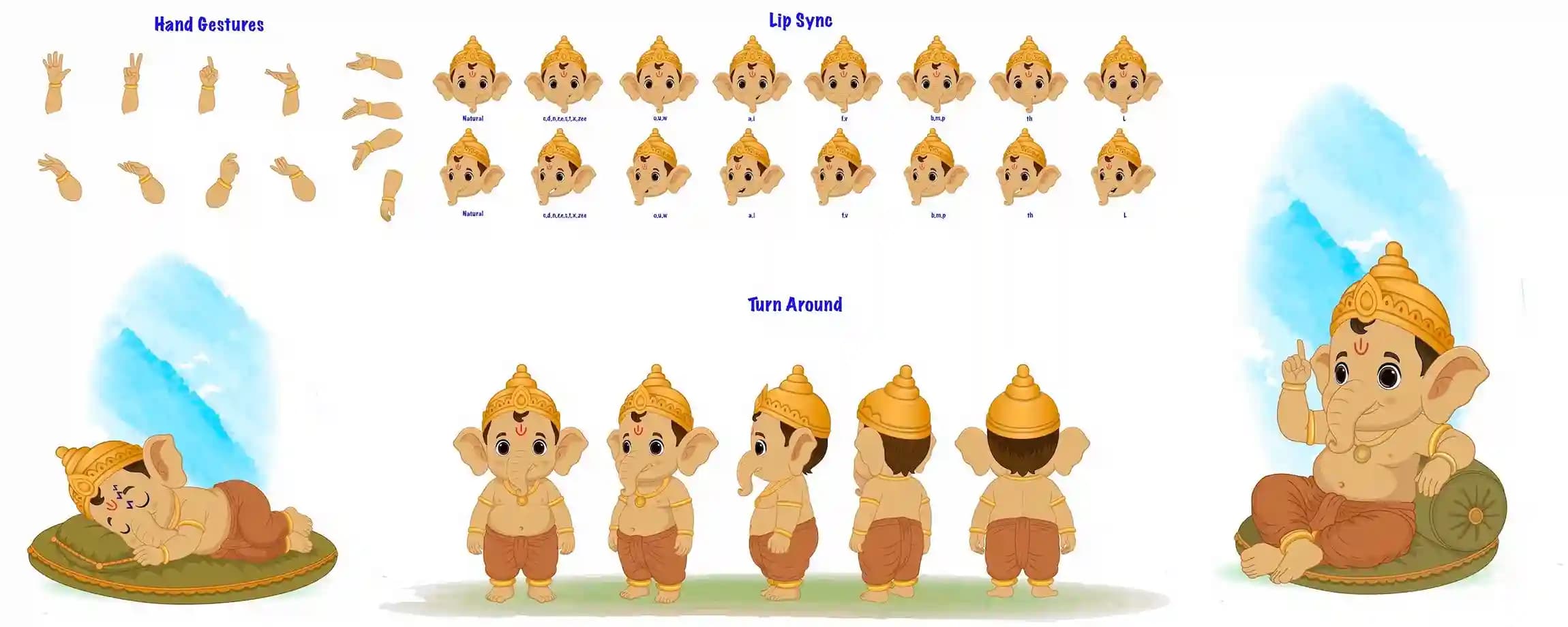 2d Illustration bal ganesha cartoon model sheet vector character design set & turn around poses for animation