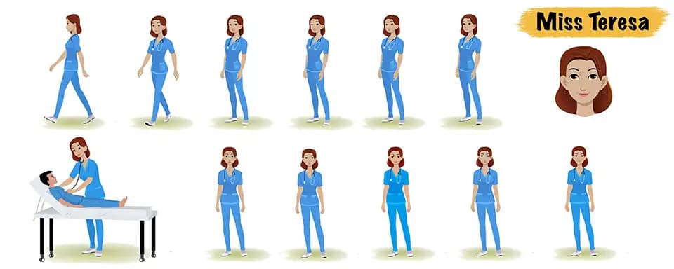 Vector woman doctor cartoon animated model sheet character set AKA Miss Teresa