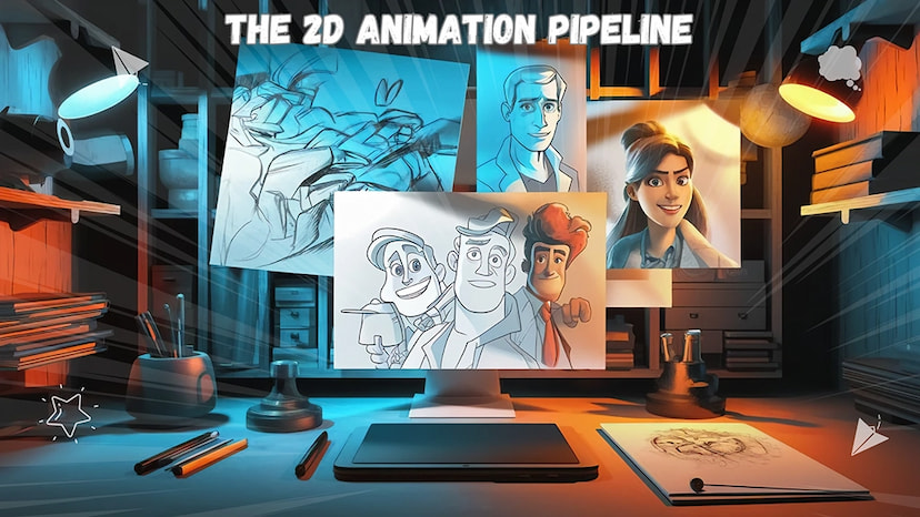Professional 2D animation workspace showing the progression from concept sketches to digital colored characters, illuminated by blue and orange lighting that highlights both traditional and digital animation tools
