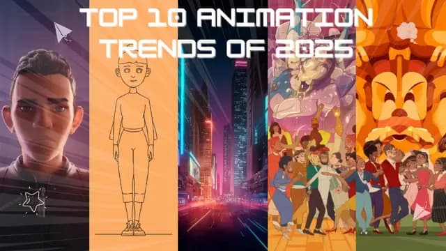 Illustration showcasing the top 10 animation trends of 2025 with modern 3D animation, minimalist 2D sketches, cyberpunk city scenes, fantasy art, and diverse character animations