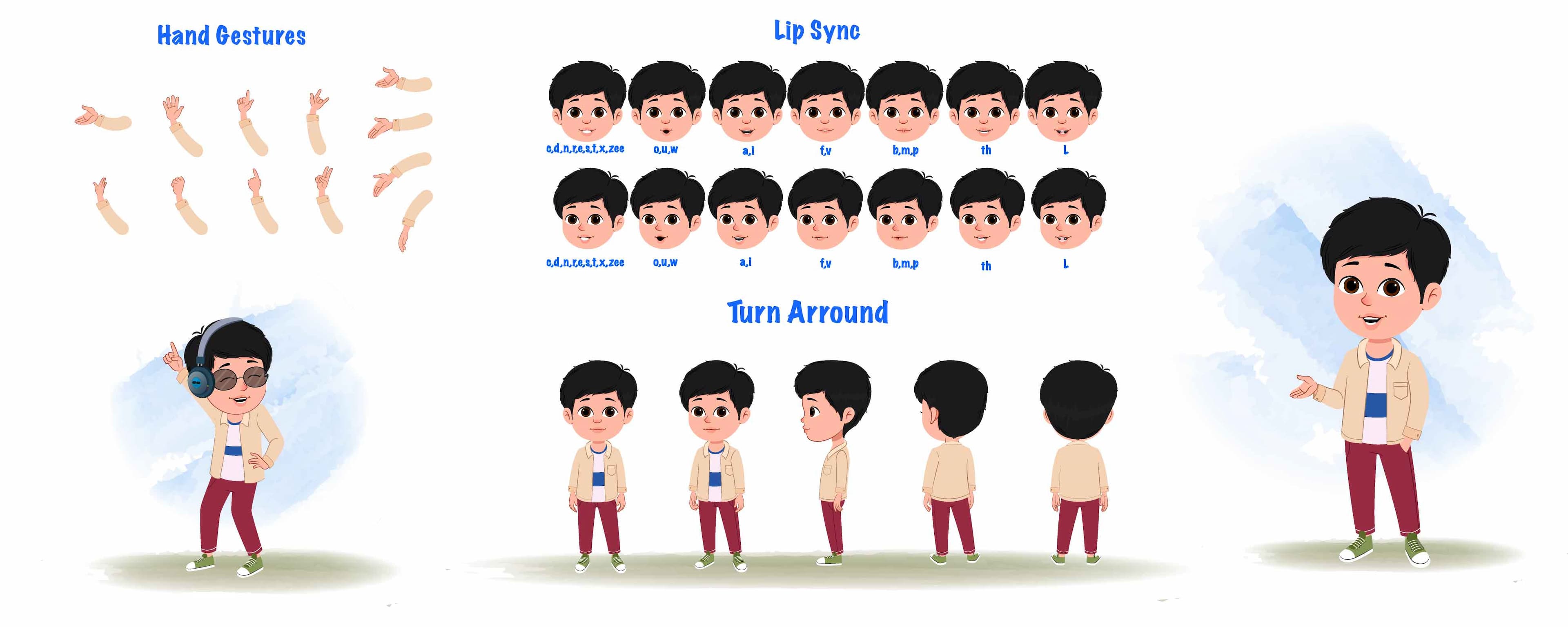 A cool boy cartoon character construction/model sheet aka rahu