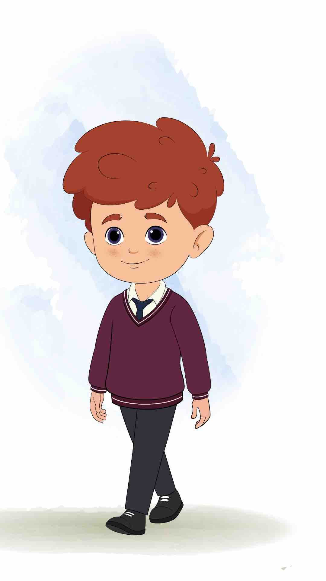 A red hair boy 3/4 front view/three quarter view walking animated cartoon character aka sunny 3/4
