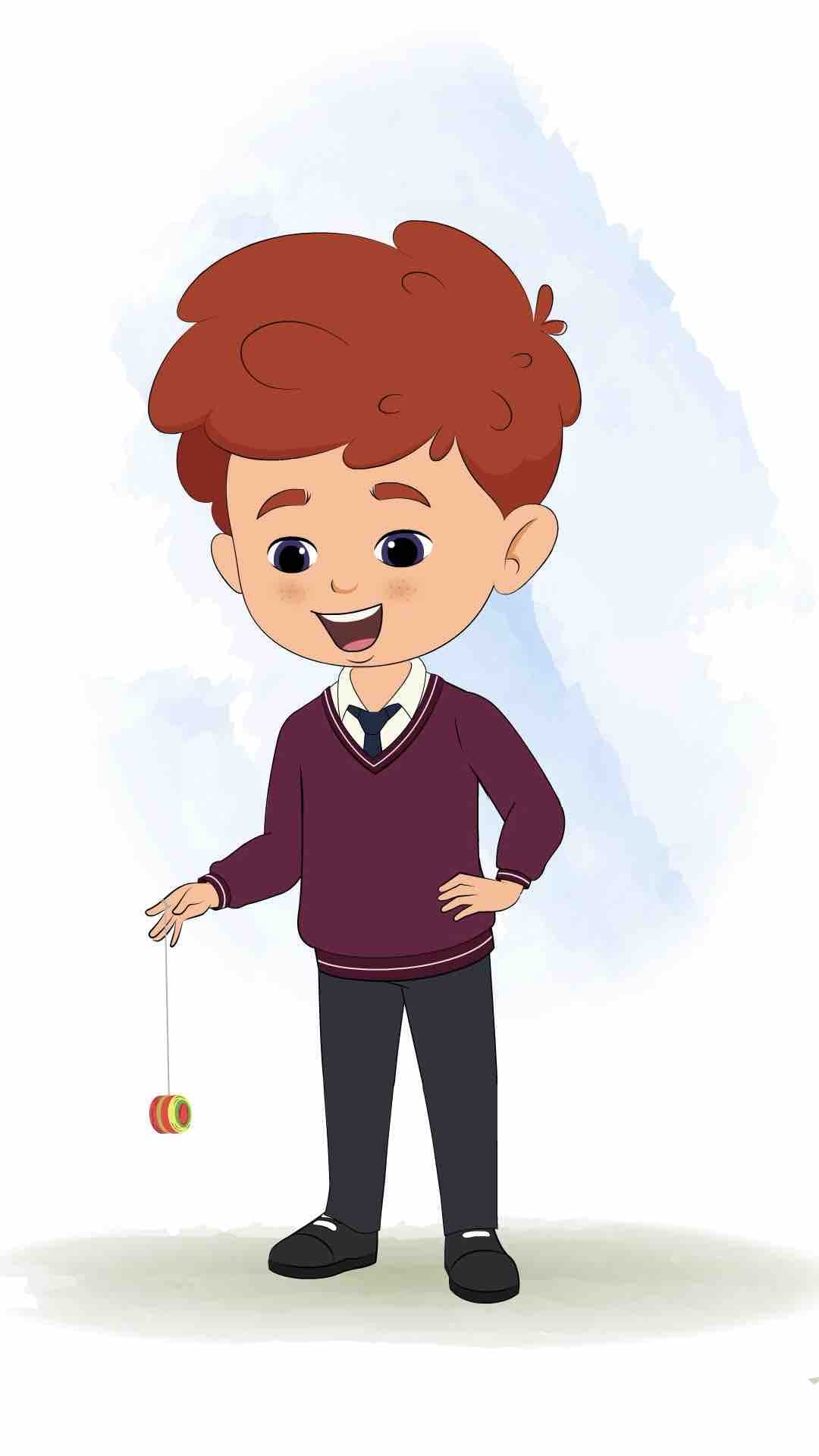 A school boy animated cartoon character playing with a yoyo aka sunny